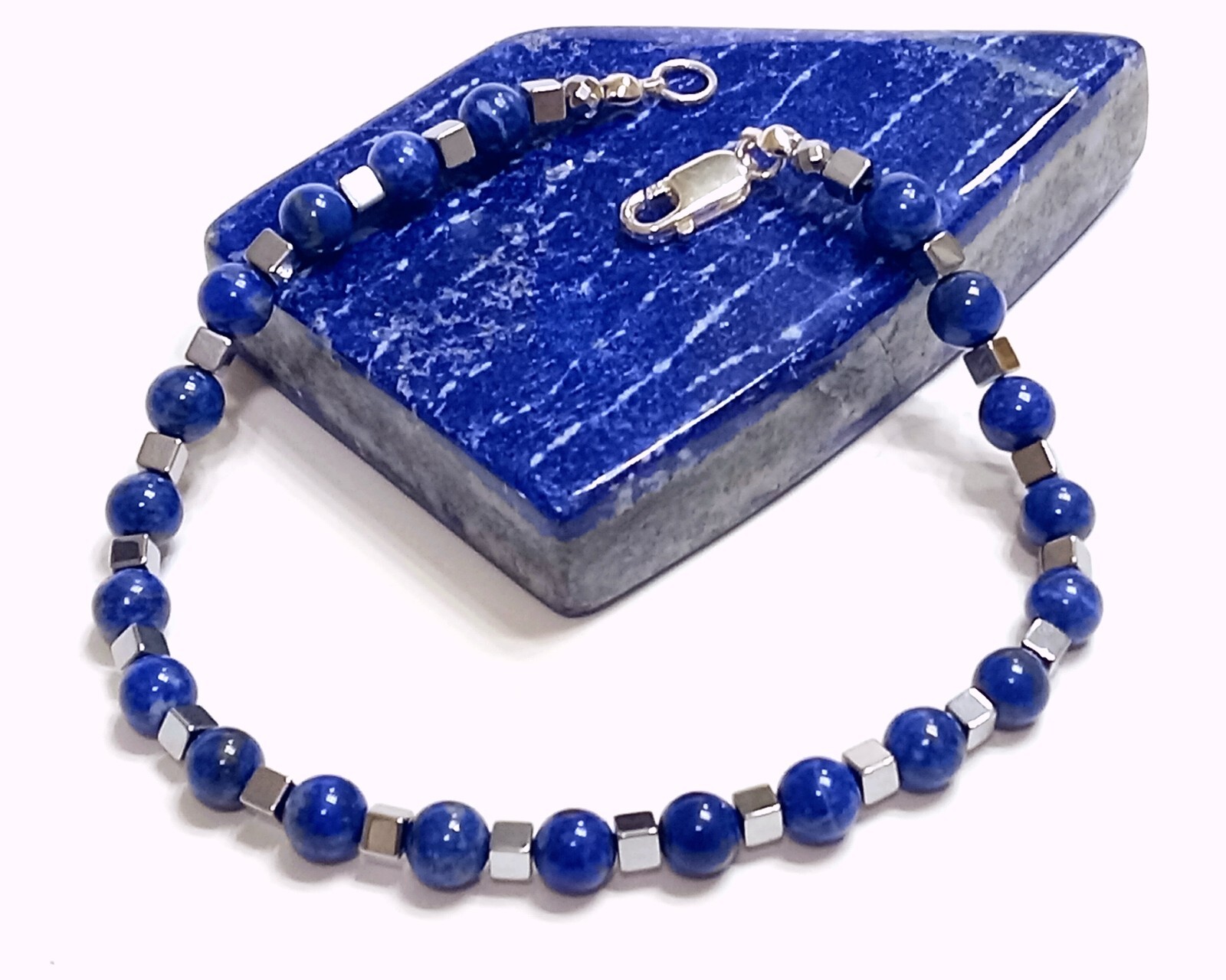 9″ MEN’S LAPIS BRACELET. Large Easy-to-Use Sterling Silver Lobster Claw Clasp.