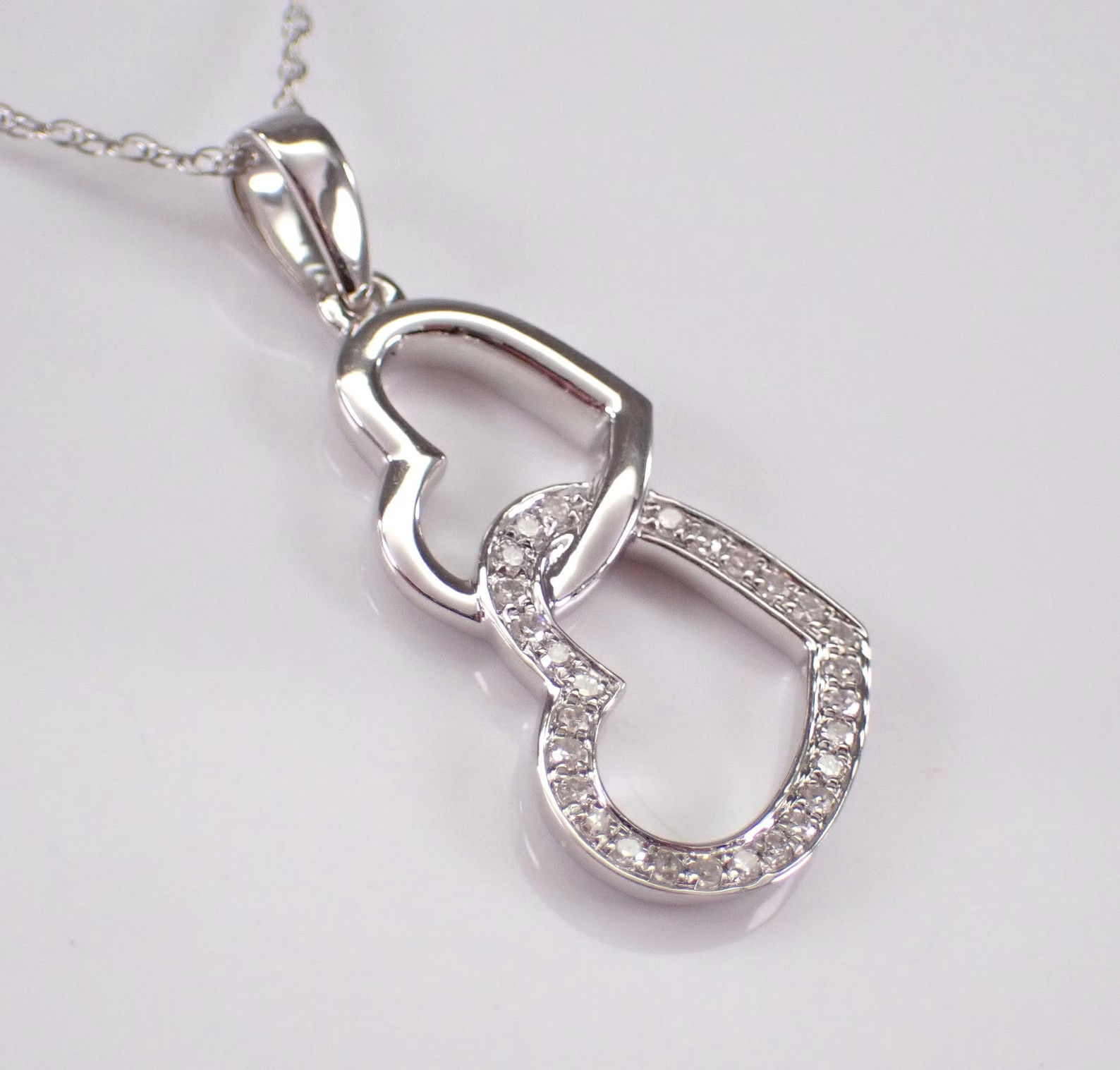 0.40 CT Round Moissanite Double Heart Pendant Necklace, 14K White Gold Plated