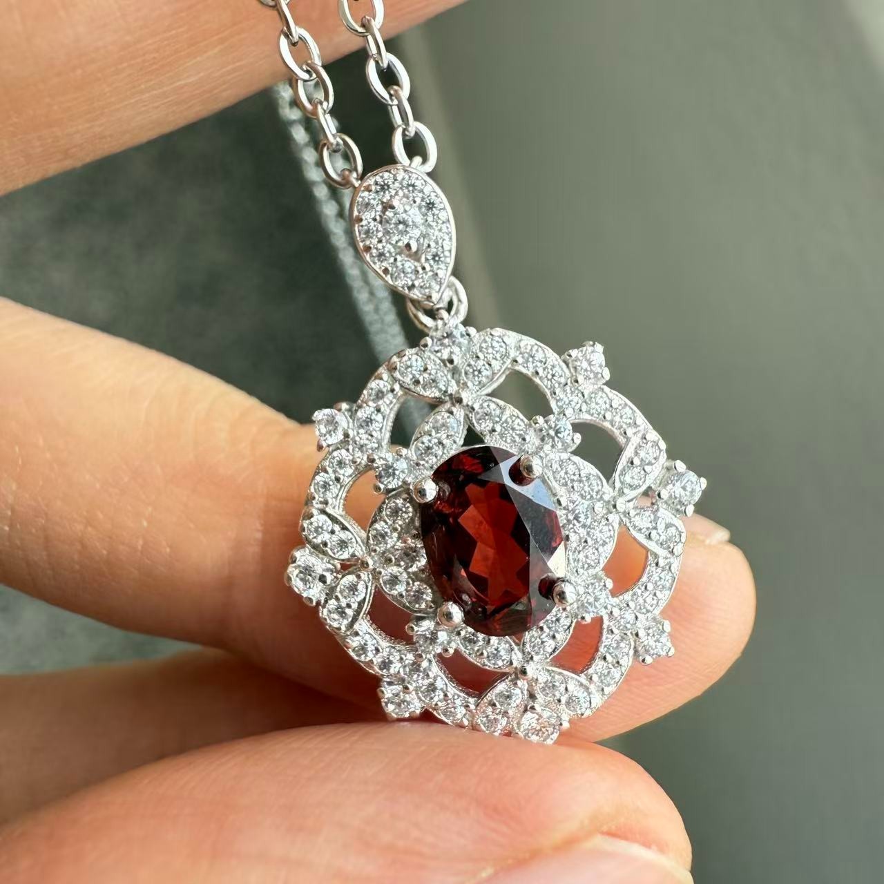 925 Sterling Silver Necklace 7x5mm Natural Garnet Gemstone Zircon Handmade Gift