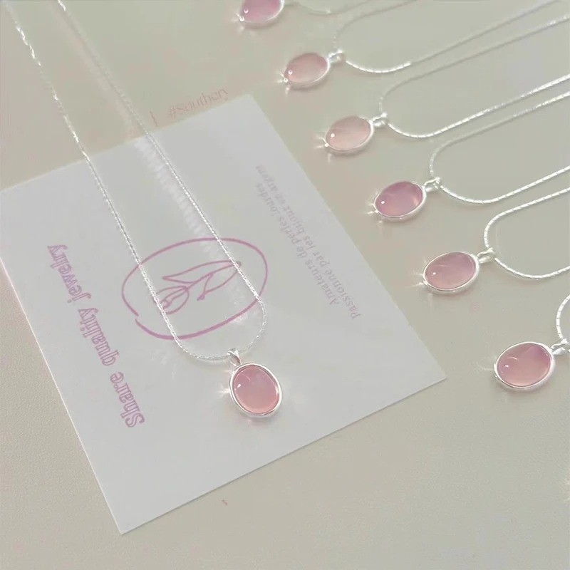 925 Sterling Silver Pink Crystal Moonstone Necklace Women Oval Pendant