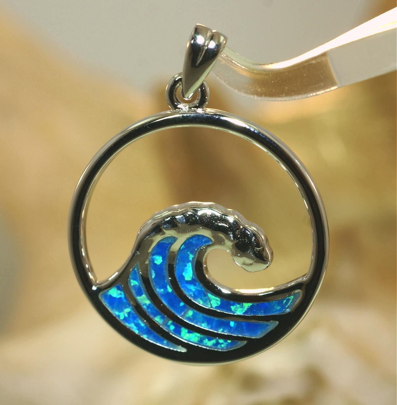 23.5MM RHODIUM 925 SILVER INLAID OPAL HAWAIIAN CRESTING OCEAN WAVE PENDANT #2