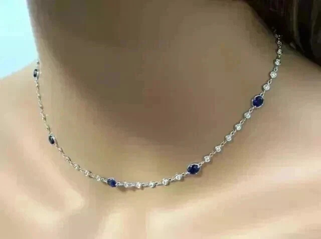 5.00CT Oval Cut Lab Created Blue Sapphire Tennis Necklace 14k White Gold Plated