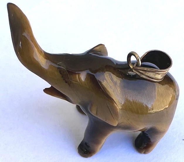 Beautiful 14K Gold and Natural Tiger Eye Stone Elephant Pendant