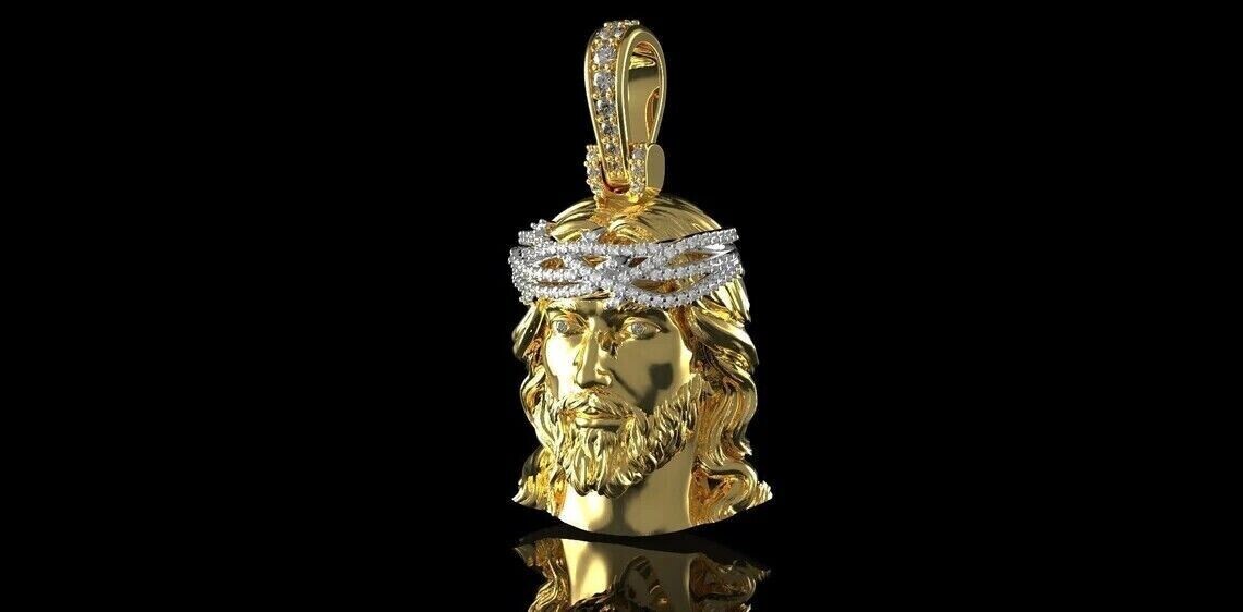 1Ct Round Diamond Jesus Face Matte Men’s Pendant 14K Yellow Gold Plated