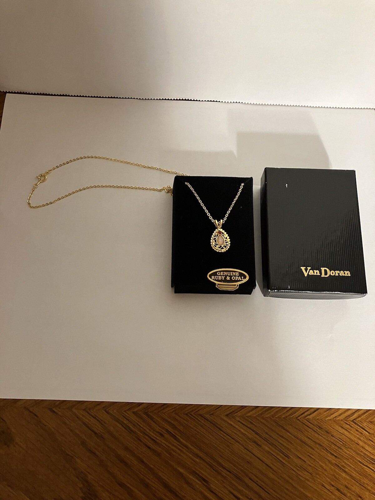 Vintage Van Doran “Genuine Ruby & Opal” Pendant Gold Tone 18” Chain Original Box