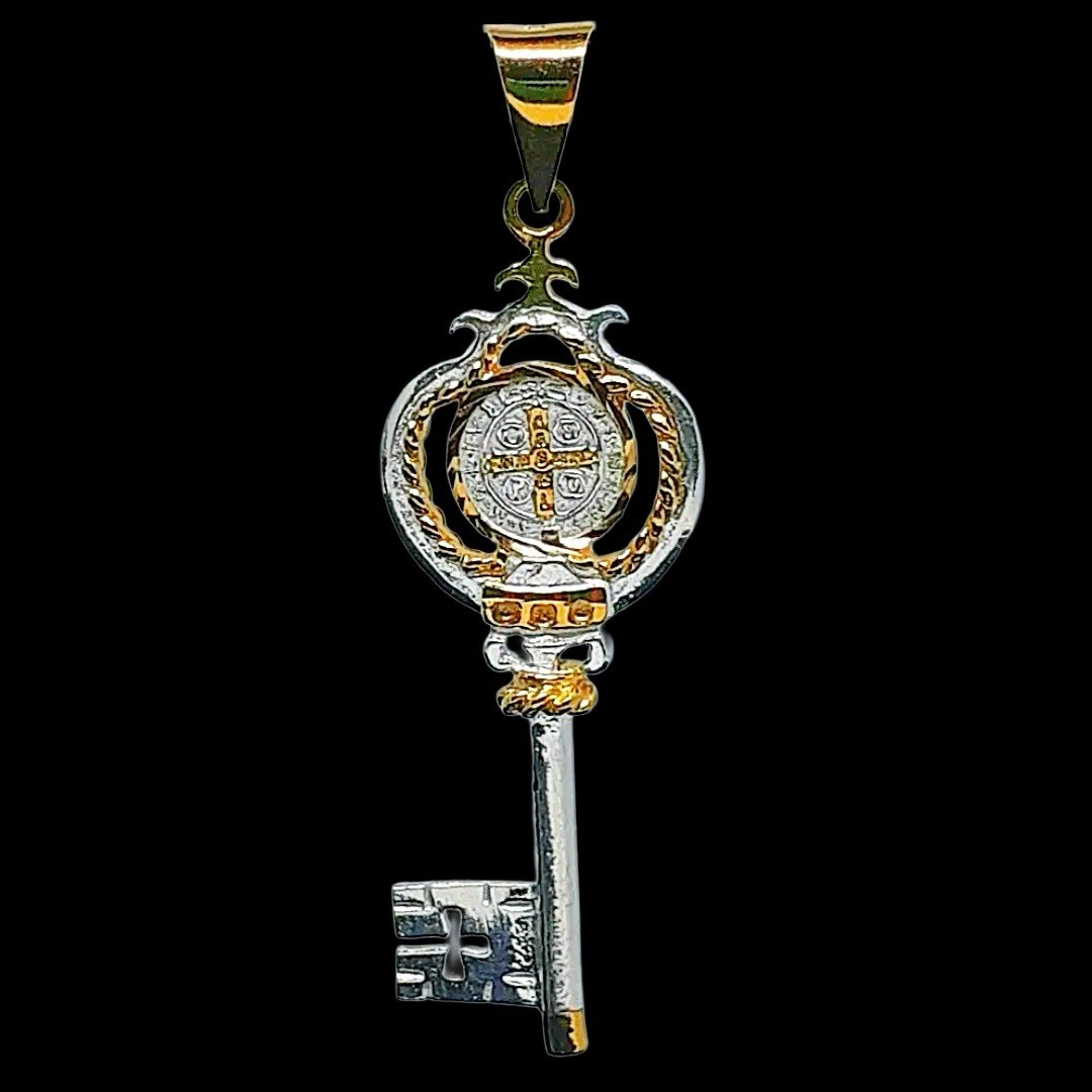 24k Gold Plated 925 Sterling Silver San Benito Saint Benedict Key Pendant Mexico