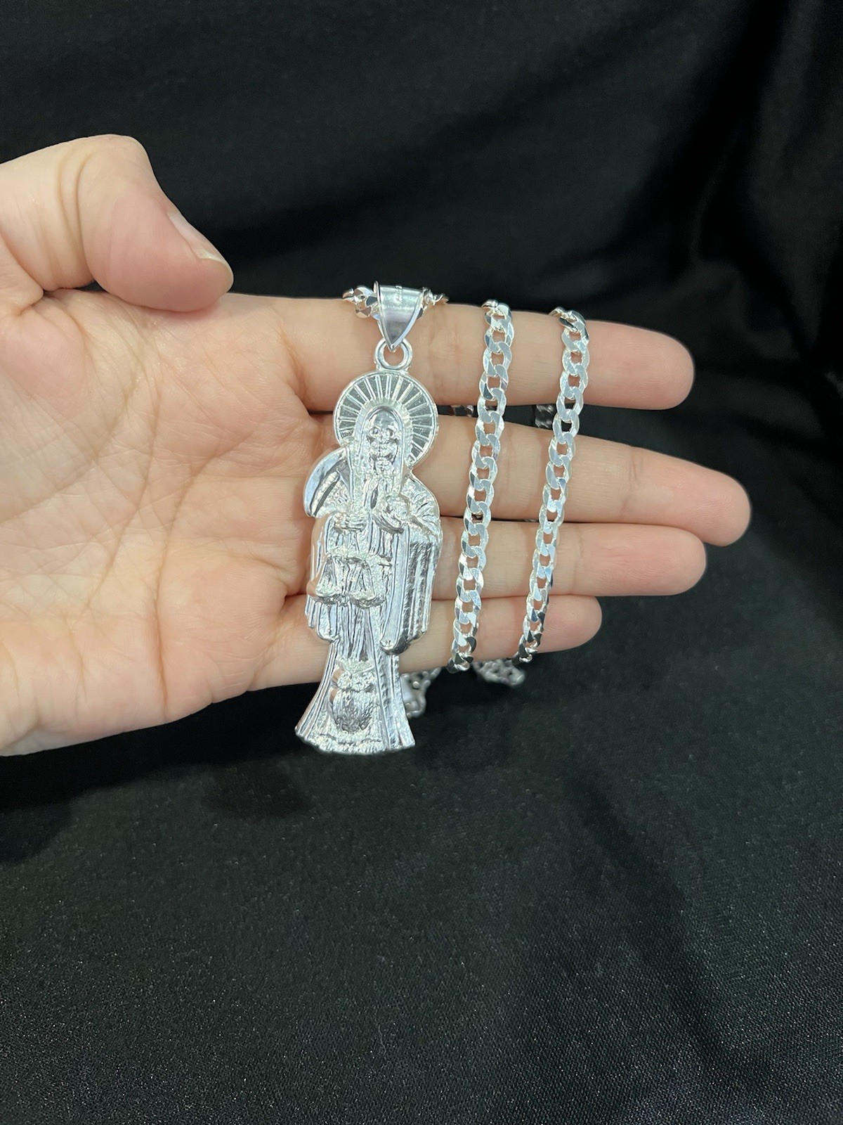 925 Sterling Silver Big Men Women Santa Muerte Grim Reaper & Curb Chain 20 26 30
