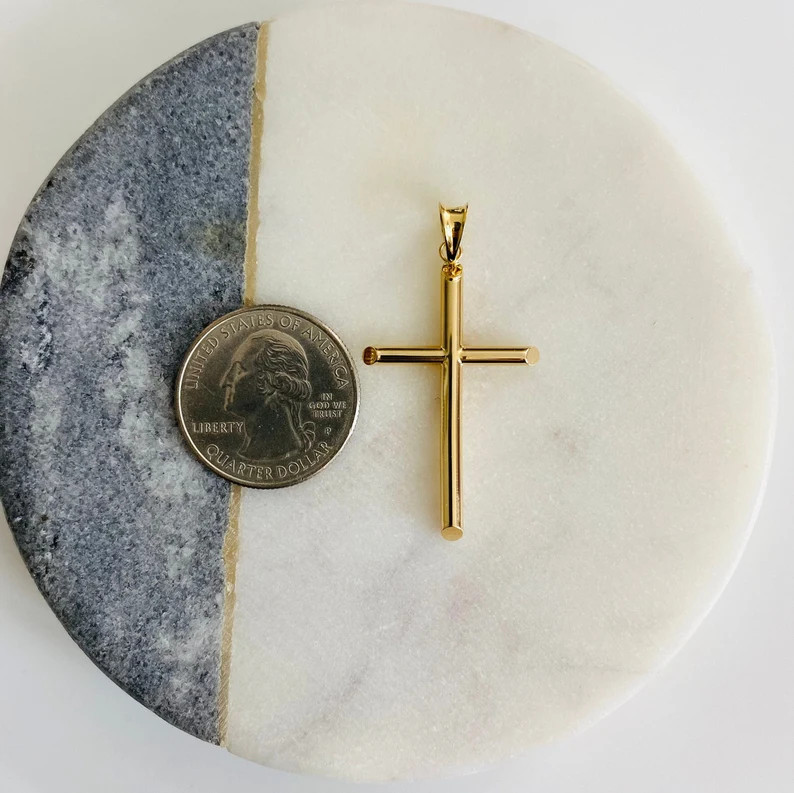 14K Real Gold Crucifix 45mm/1.7” Tube Cross Pendant, 14K Real Gold Cross- PT15