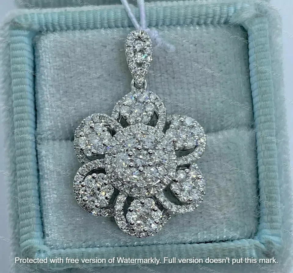 3Ct Round Cut VVS1/D Diamond Flower Pendant 14K White Gold Finish