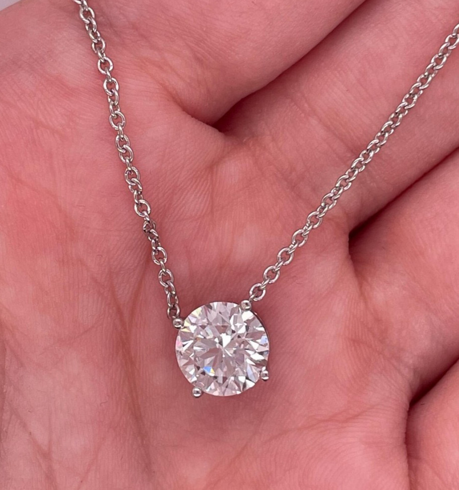 3Ct Round-Cut EF/VS1 Lab Grown Diamond Prong Necklace& Pendant 14k White Gold
