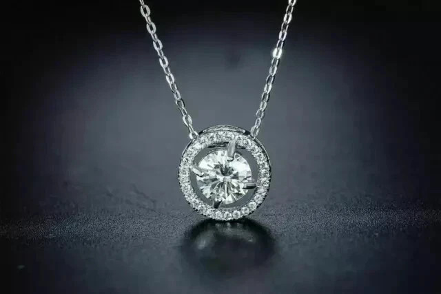 Lab Grown Diamond Solitaire 1.5ct Women Halo Pendant Chain 14K White Gold Plated