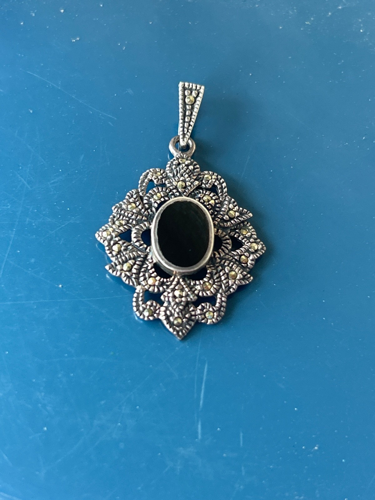 AUTHENTIC SIGNED 925 ONYX & MARCASITE PENDANT Sterling