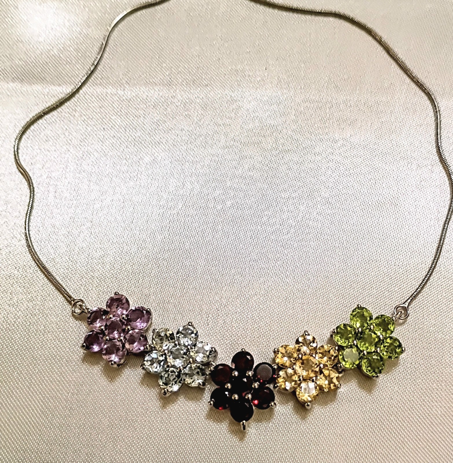 Silver Genuine Gemstone 5 Multicolor Flower Clusters 18″ Snake Chain Necklace