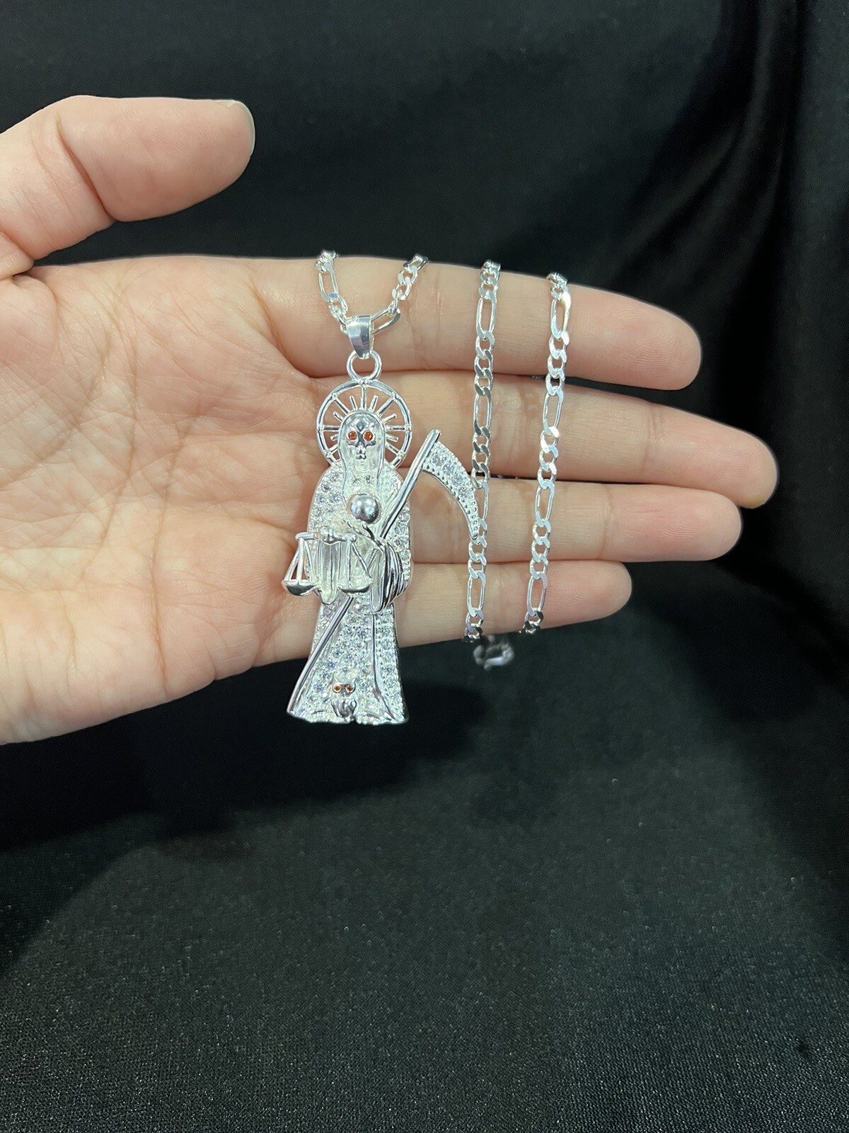 925 Sterling Silver Men CZ Santa Muerte Grim Reaper & Figaro Chain 20 24 30