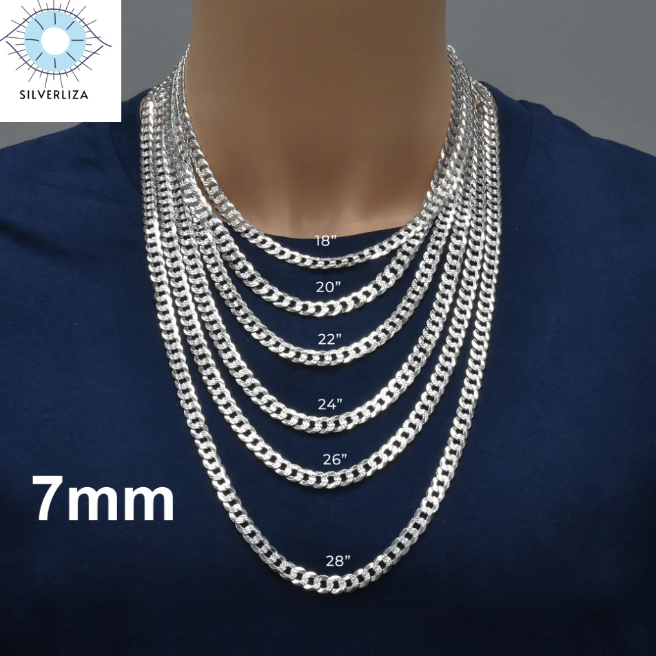 Real 925 Sterling Silver Mens Diamond Cut Curb Cuban Chain Bracelet or Necklace
