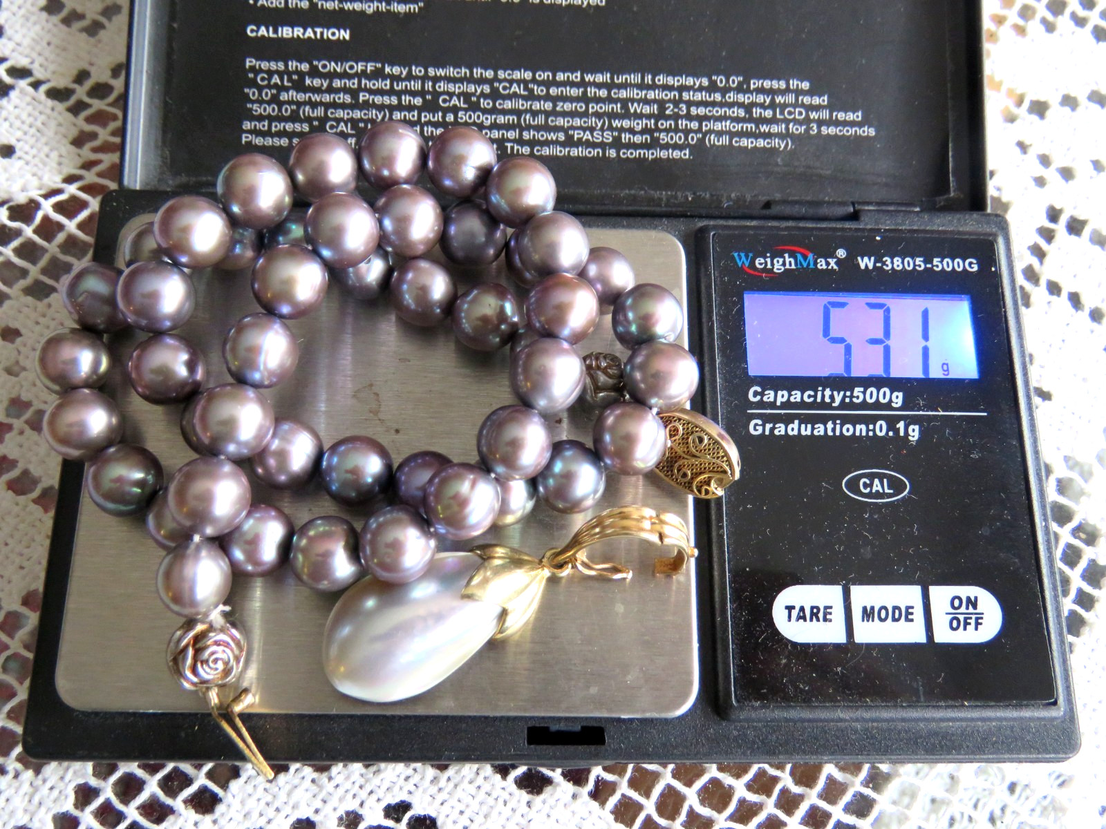 Solid 14K Yellow Gold Enhancer Pendant w/Peacock Pearl Beaded Necklace 53gr 18″