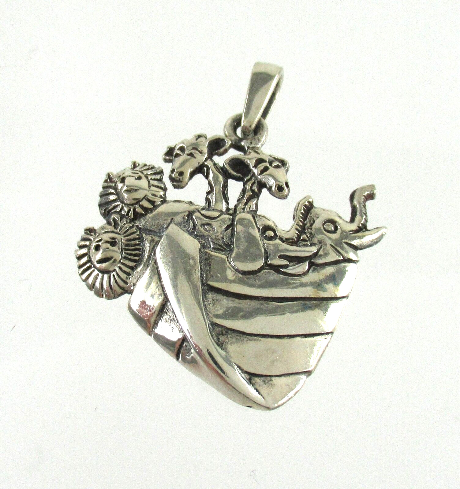 .925 Sterling Silver Noah’s Ark Pendant Cute Religious Boat & Animals