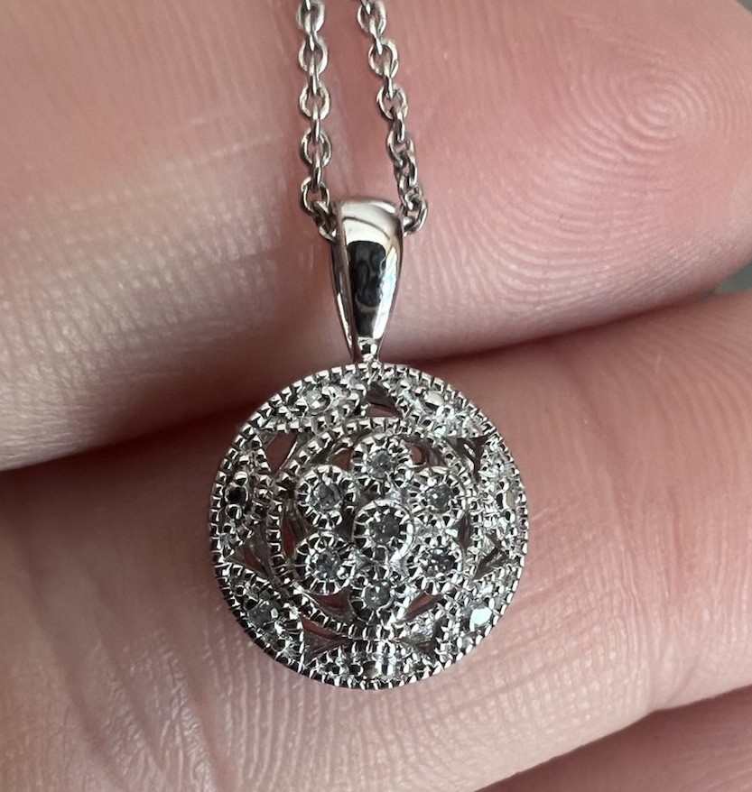 Sterling Silver Diamond Necklace Round Pendant .925 Flower Filigree $200 Retail