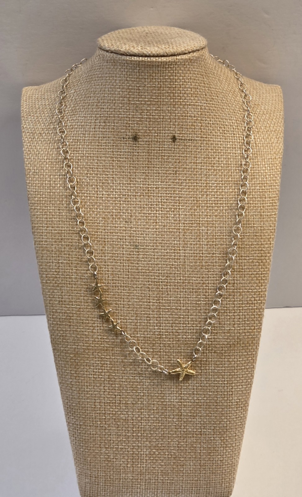 Sterling Silver Star Fish Stationary Necklace Two Tone 18″ Beach Jewelry