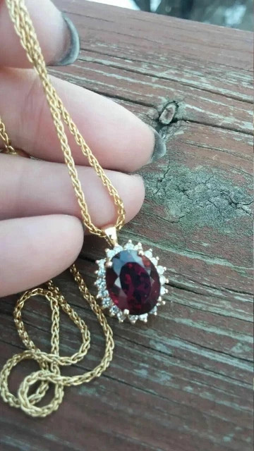 3Ct Oval Round Cut Lab Created Red Garnet Halo Pendant 14K Yellow Gold Finish