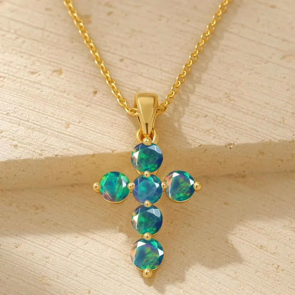 Fire Black Opal Gemstone Gold Cross Pendant, Natural Opal Chain Pendant Necklace