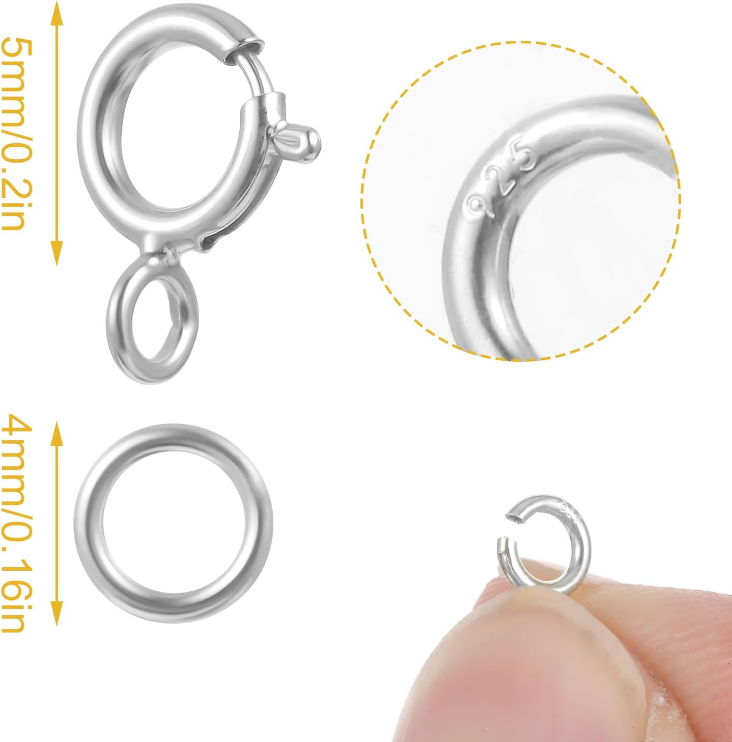 7 Sets 925 Sterling Silver Necklace Clasps and Closures 5Mm Spring Ring Clasp Je