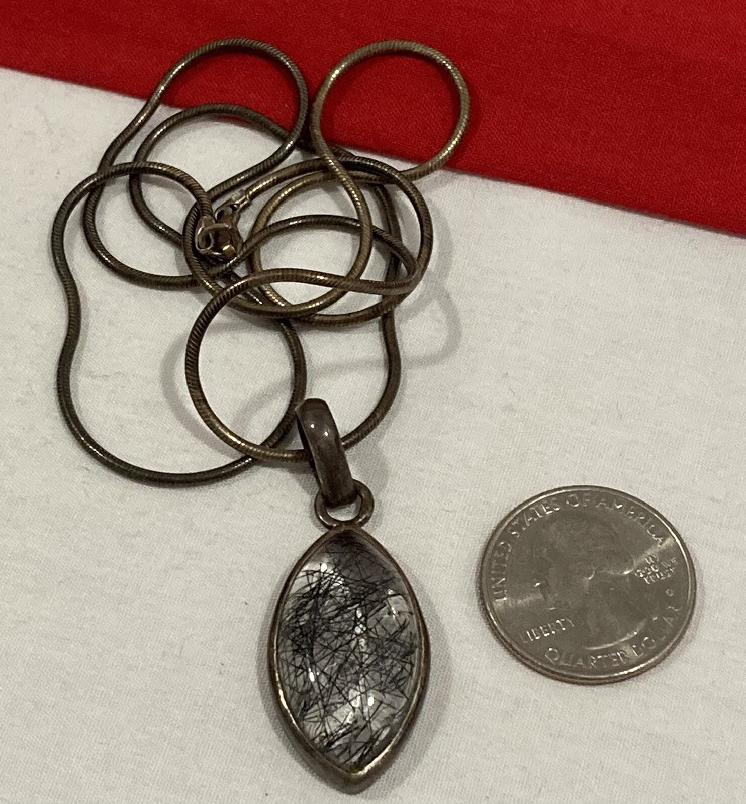 Vintage Signed Sterling Silver 925 Rutilated Quartz Pendant & 24″ AGI Necklace
