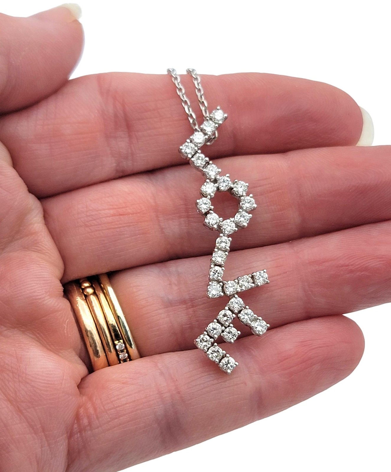 Vertical Diamond ‘Love’ Design Pendant Necklace in 14 Karat White Gold
