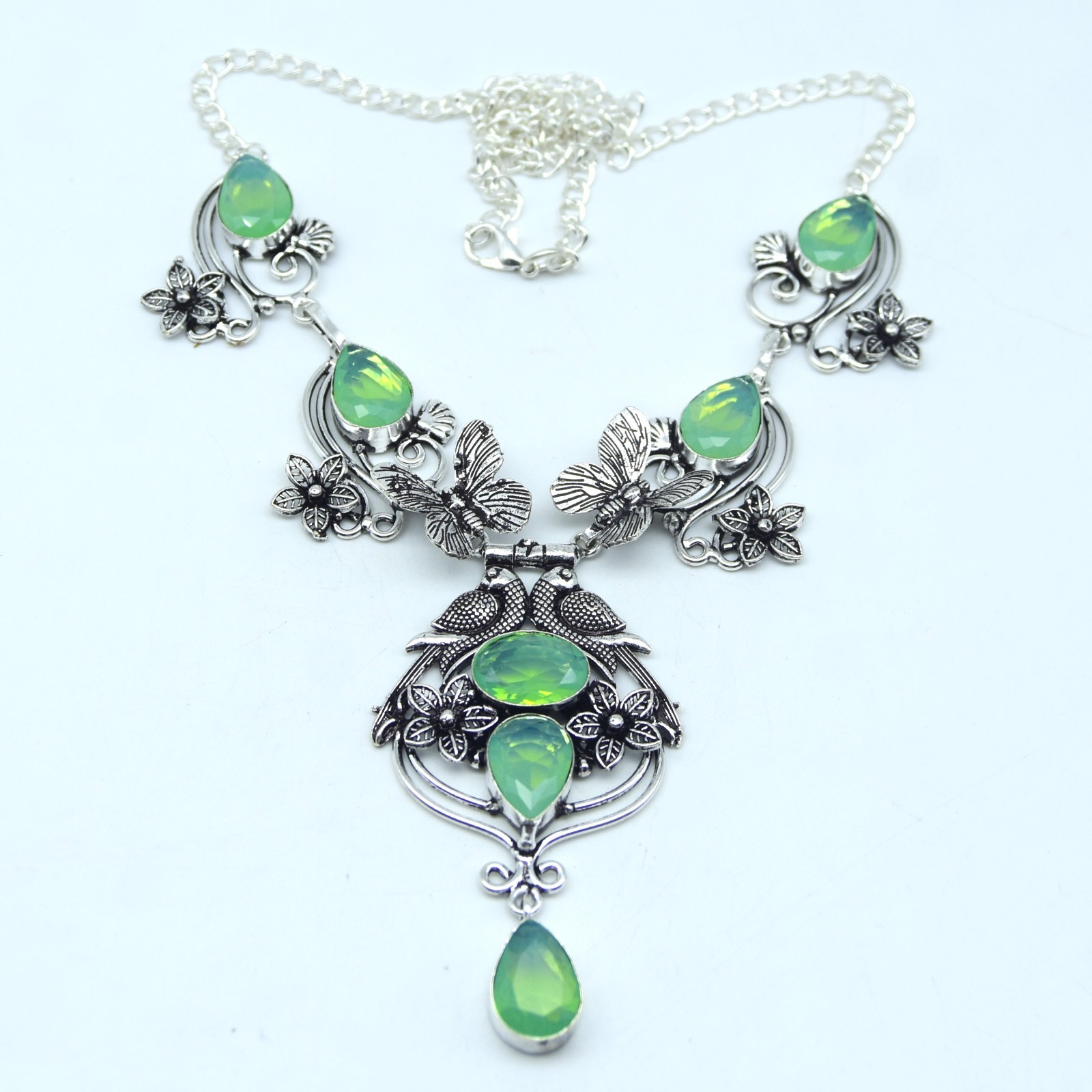 Green Opalite Gemstone Necklace Handmade 925 Sterling Silver Jewelry Sz- ADJ 18″