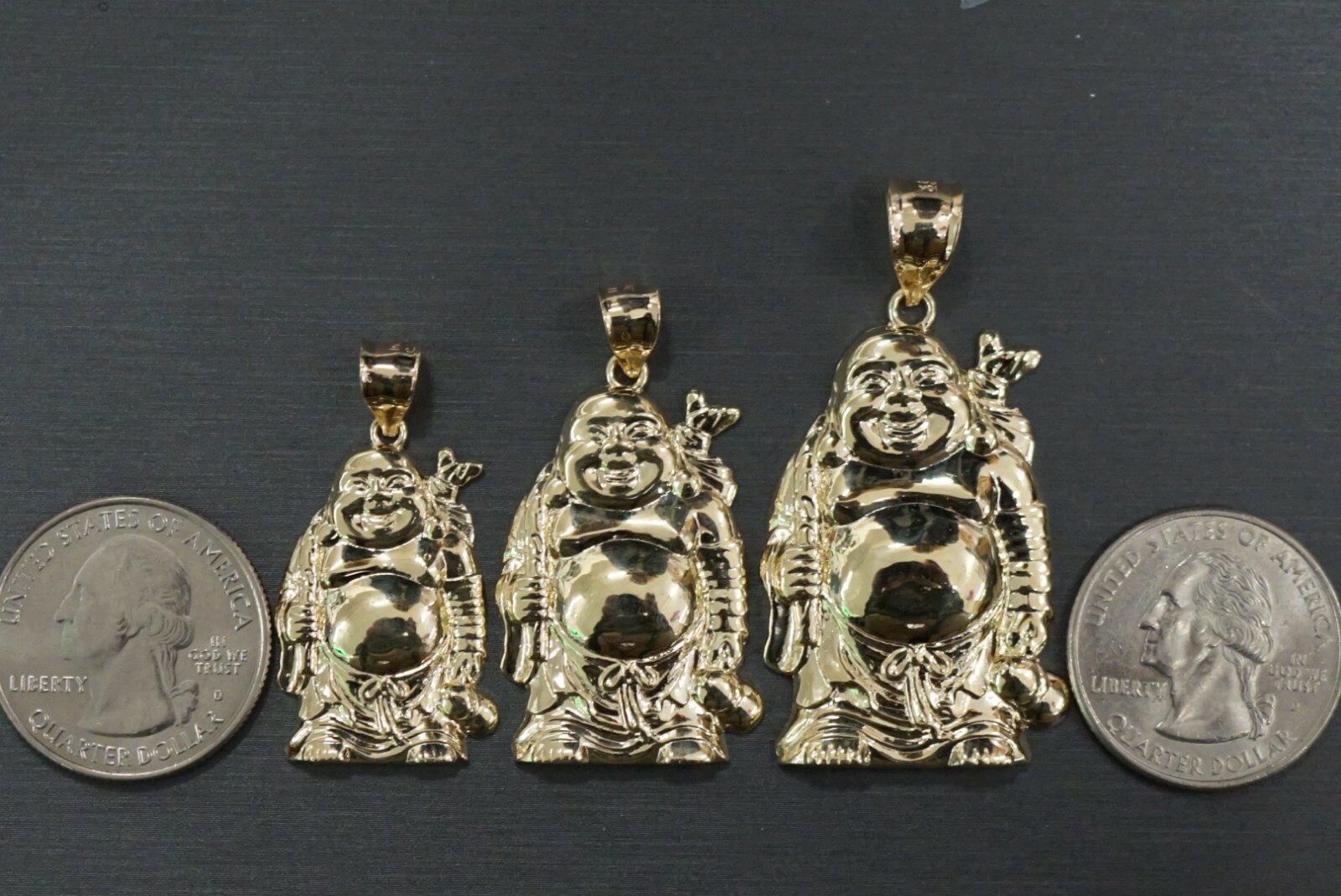 10K Solid Yellow Gold Polished Flat Laughing Buddha Charm Pendant. 3 Sizes