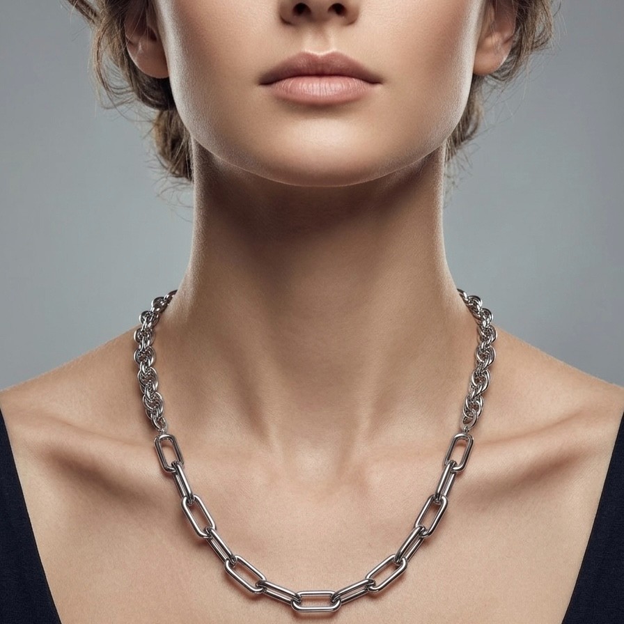 925 Sterling Silver Mixed Paperclip Oval Rope Link Chain Necklace Rhodium Finish