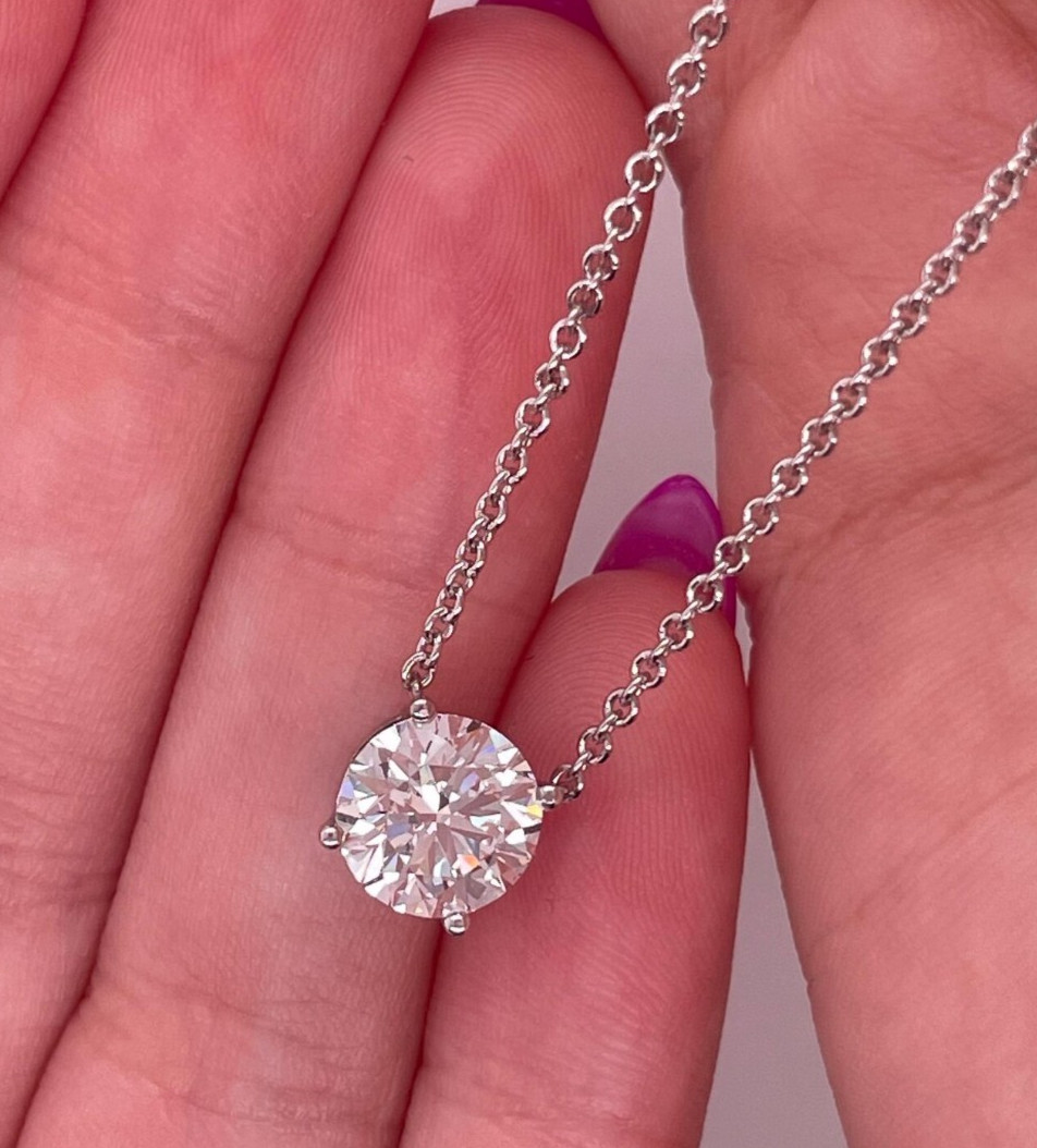3Ct Round-Cut EF/VS1 Lab Grown Diamond Prong Necklace& Pendant 14k White Gold