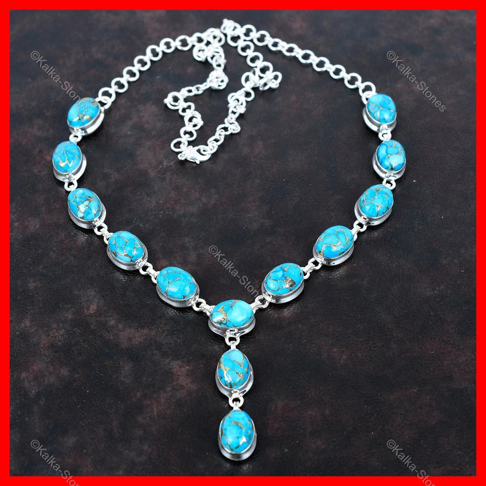 Copper Blue Turquoise Stone Chain Mother Trendy Necklace Jewelry Sterling Silver