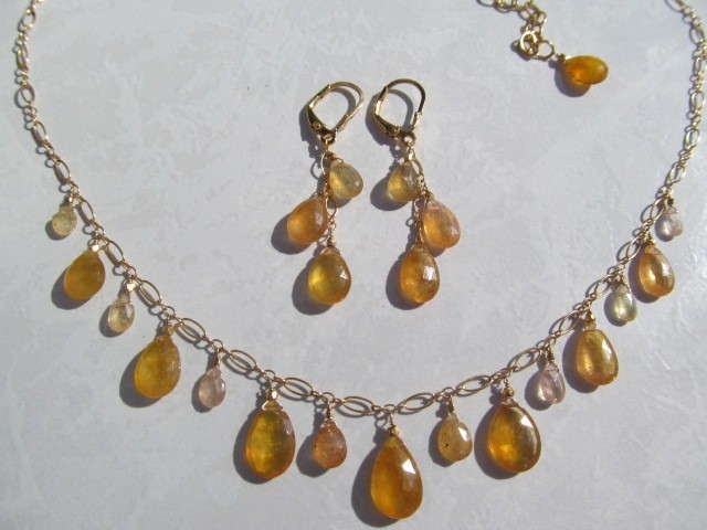 Sri Lanka Golden SAPPHIRE faceted briolette beads 14k Gold Filled Necklace set