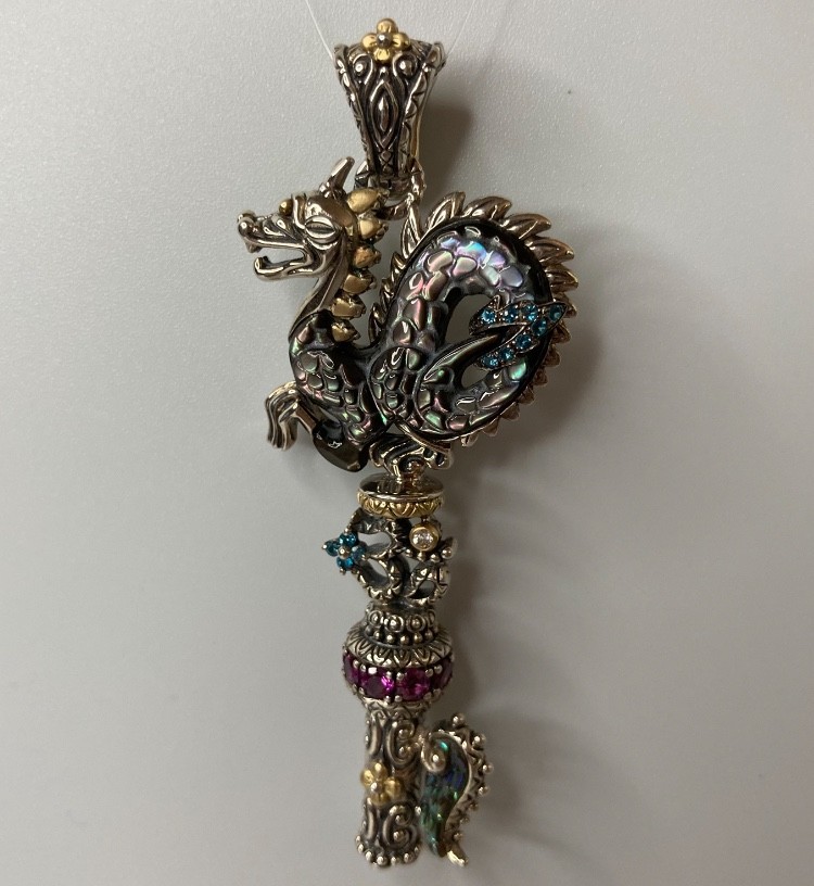 Barbara Bixby Dragon Key Enhancer Pendant Gemstones 18k Gold Sterling 925 in Box