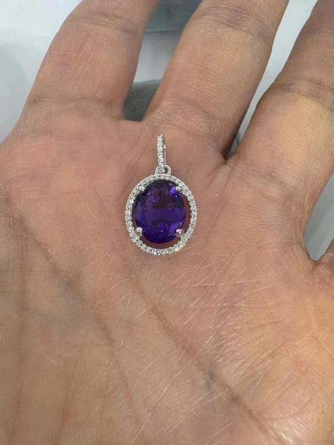 3.00 Ct Oval Cut Lab-Created Amethyst Halo Pendant 14K White Gold Plated Silver