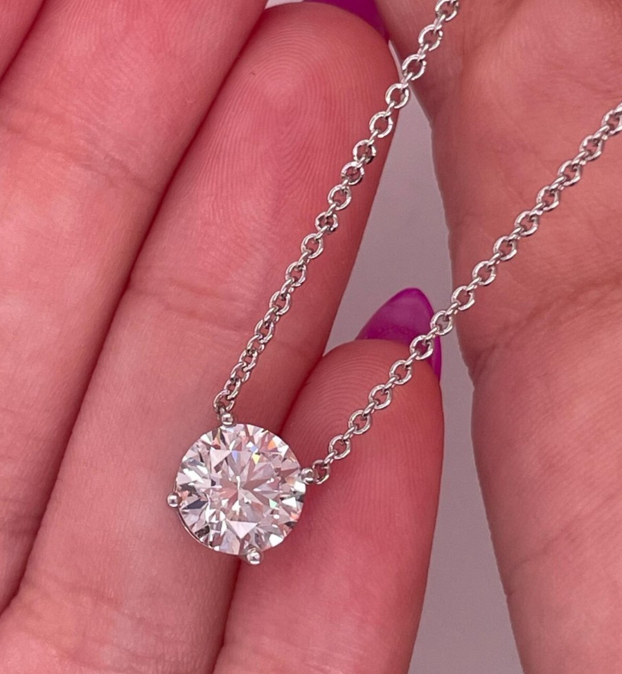 3Ct Round-Cut EF/VS1 Lab Grown Diamond Prong Necklace& Pendant 14k White Gold