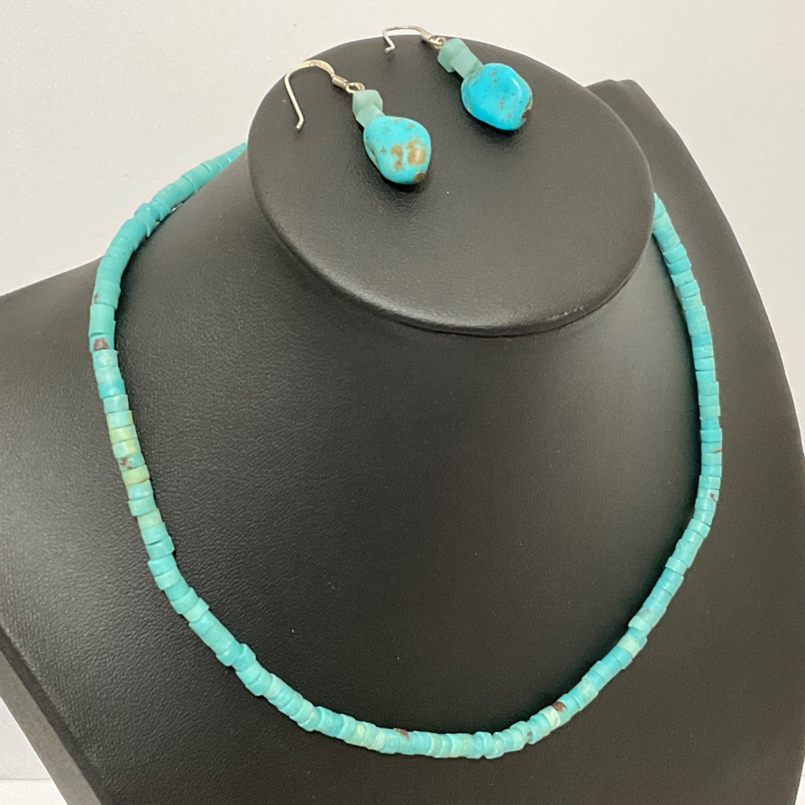 Artisan Turquoise Heishi Bead Collar Necklace Sterling Silver Gift Earrings 925