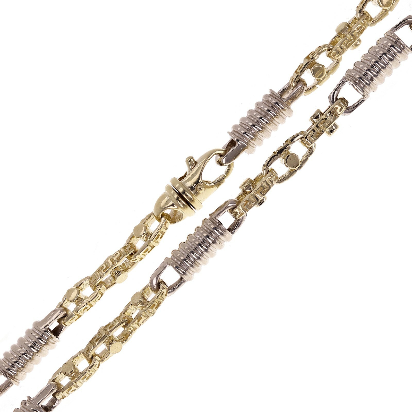 10k Yellow & White Gold Handmade Spring & Greek Link Necklace 22″ 7mm 71.5 grams