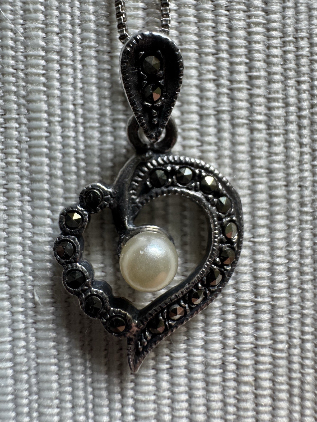 925 Sterling Silver Heart Charm Pendant Necklace White Pearl Marcasite 18in