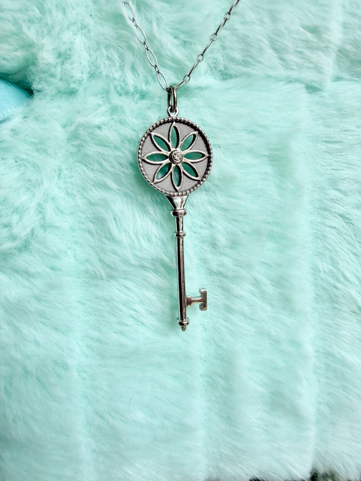 Tiffany & Co. 18K White Gold Diamond Daisy Key Necklace AU750 Retired
