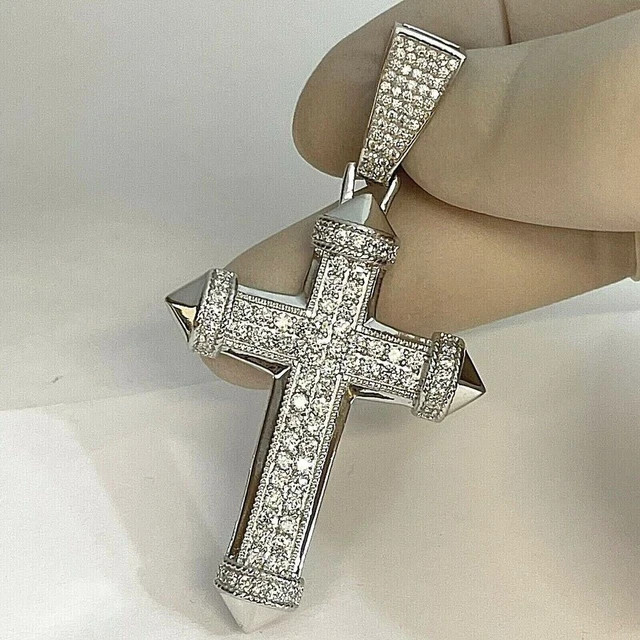 2Ct Real Moissanite Round Cut Cluster Cross Pendant 14K White Gold Plated