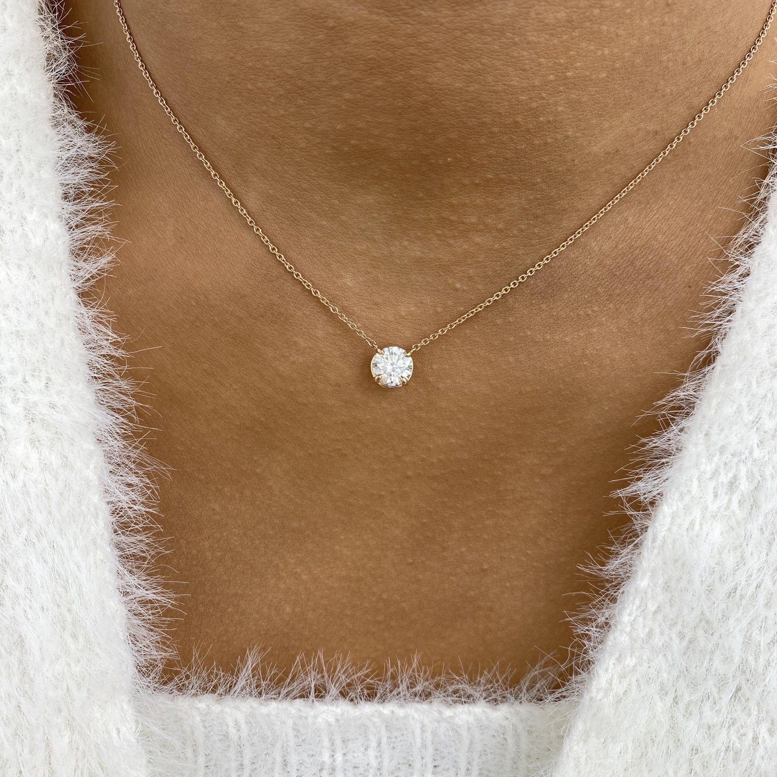 14K Rose Gold Solitaire Necklace 1ct Round E/VVS2 Labcreated Diamond Certified