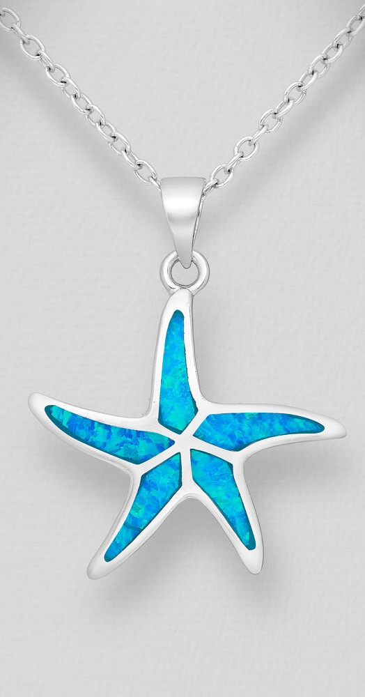 Solid Sterling Silver Blue Opal Inlay Starfish Star Pendant 31mm=1.22″ Long 3.2g