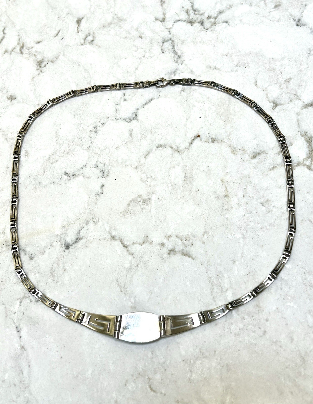 925 Sterling Silver Lapis Lazuli Greek Key Meander Link Necklace, 17”, N65