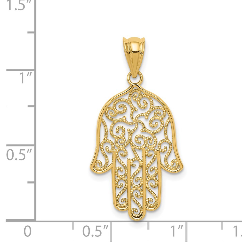 14k Yellow Gold Filigree Hamsa Pendant, 16 x 31mm