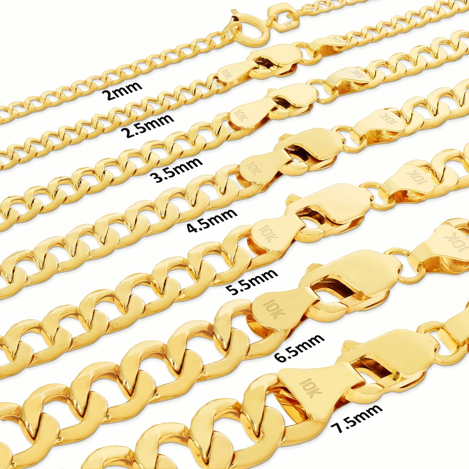 10K Yellow Gold 2mm-7.5mm Curb Cuban Chain Link Necklace or Bracelet 7″-30″