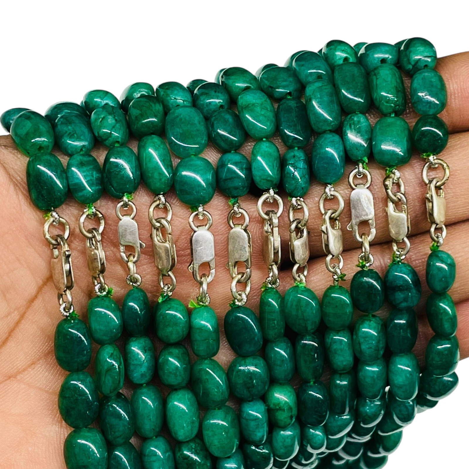 18 Inch Single Strand Natural Emerald 8.5-11.5mm Tumble Beads Necklace 925 Clasp