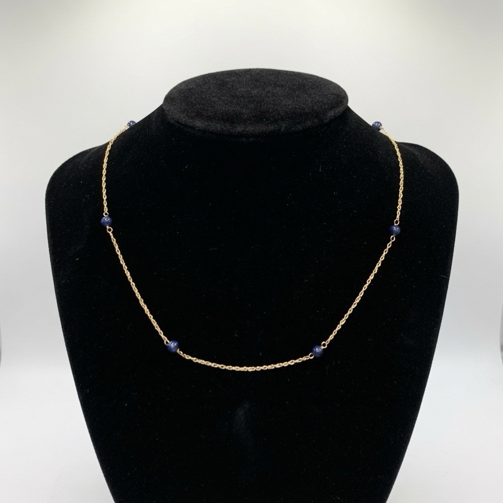 Delicate Vintage 14k Yellow Gold Lapis Lazuli Station Necklace ~15” Length 1.5g