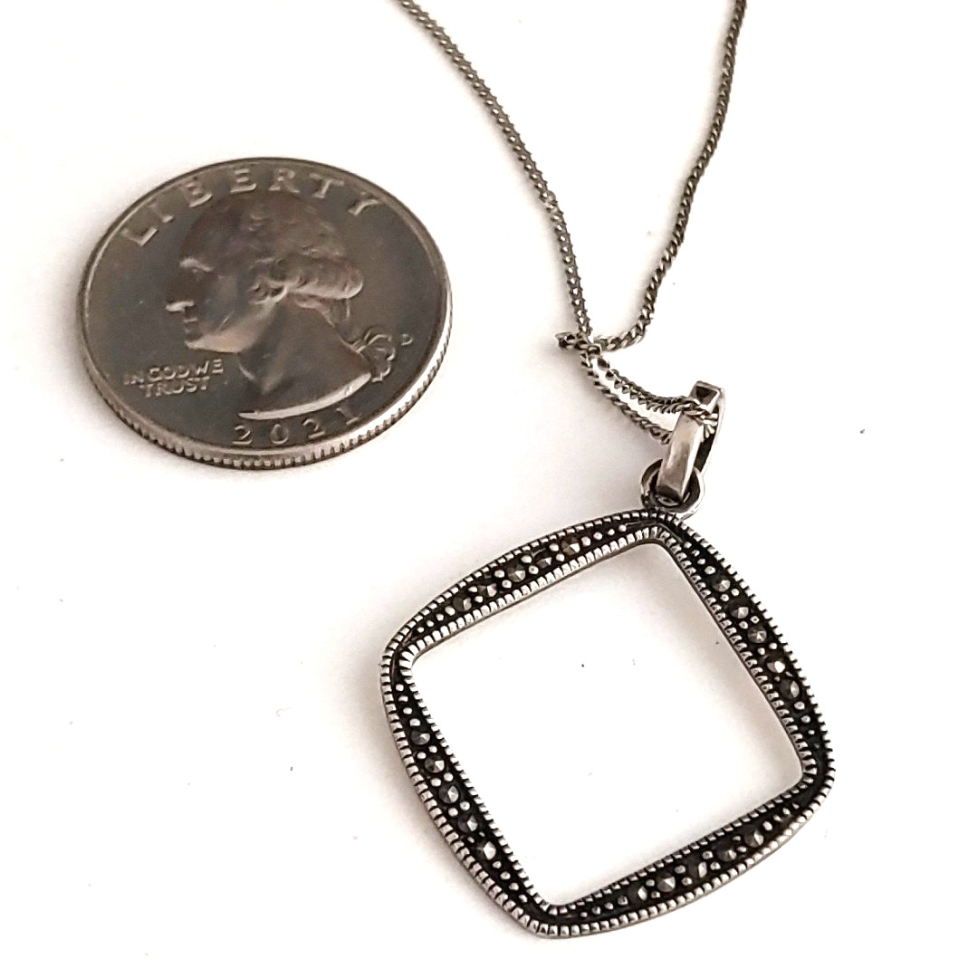 Sterling Silver Marcasite Pendant Necklace Open Square Bohemian Thailand 18”